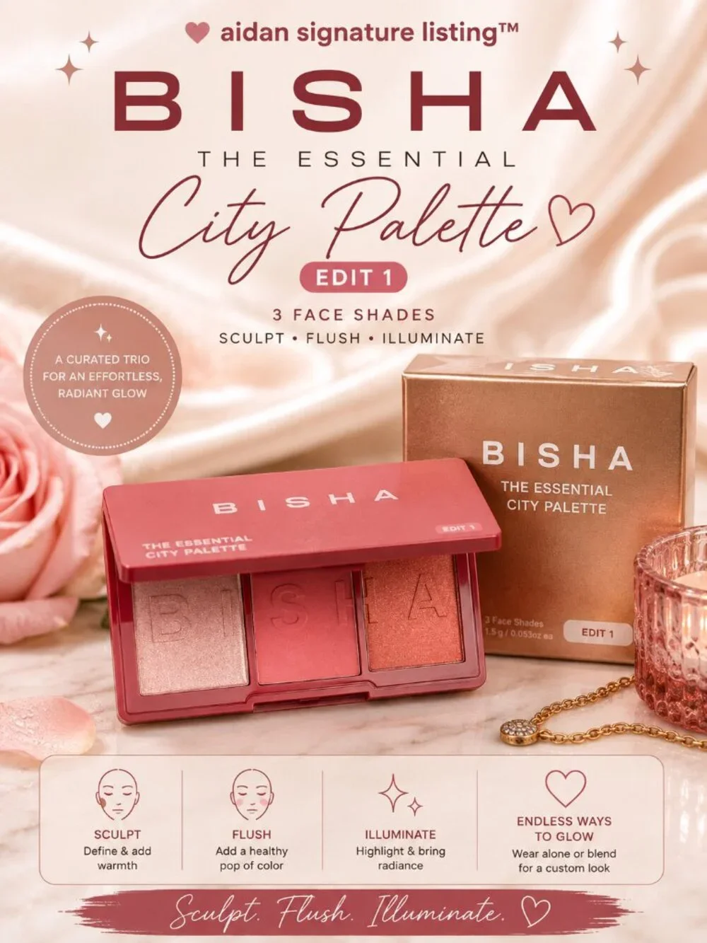 BISHA The Essential City Palette Edit 1 3 Face Shades Blush Highlighter NEW